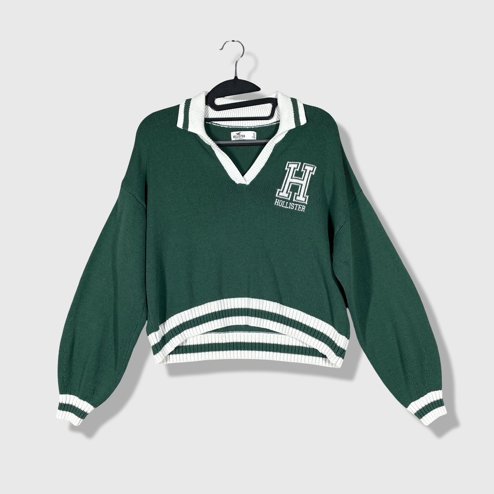 Hollister V-Neck Sweater Women S Green Collegiate Preppy Varsity Crop Pullover